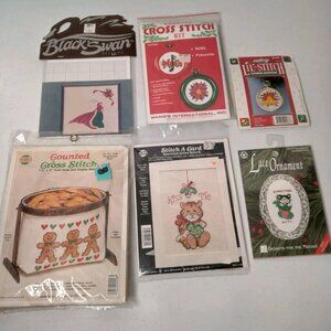 Christmas Cross Stitch Kit Lot of 6 Mixed Projects Ornaments Card Display Stand